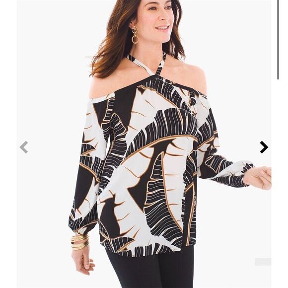 Chico’s Size 1 (US M) Off-Shoulder Long-Sleeve Top Black White Leaf - Picture 1 of 9